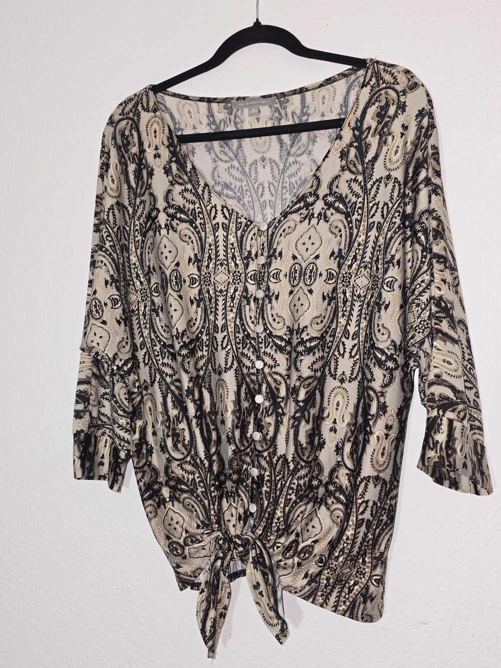 NY Collection Beige and Black Paisley Tie-Front Button Down Shirt